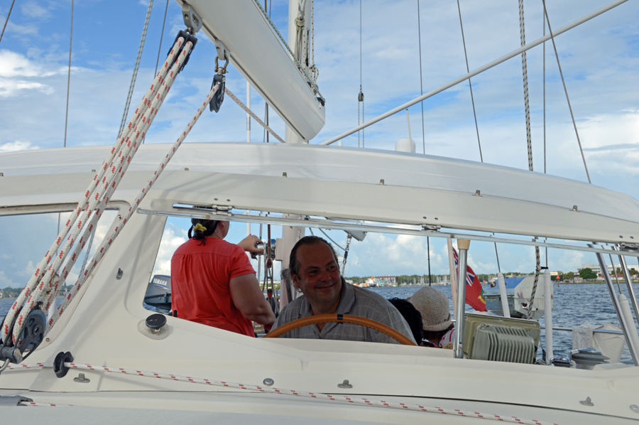 Cindy setting the mizzen sail & a happy Skipper 