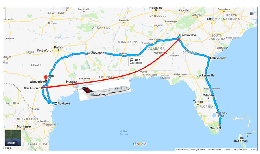 Our travels; Almost 3,000 miles by car and then a flight from San Antonio to Atlanta